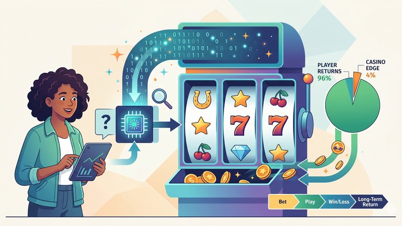 Современная иллюстрация к статье о механике слотов, демонстрирующая принципы работы RNG и RTP.
