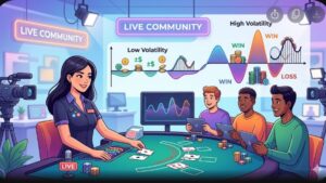 Иллюстрация с элементами настольных игр казино, символизирующая понятие волатильности для новых игроков.