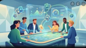 Иллюстрация с элементами настольных игр казино для статьи о волатильности в современном стиле